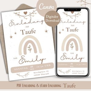 Invitación de bautizo arcoíris, invitación de bautizo digital boho girl, tarjeta de invitación WhatsApp, PDF para imprimir plantilla de tarjeta electrónica Canva beige