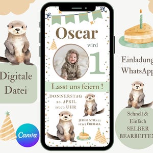 Convite digital para aniversário infantil lontra, cartão eletrônico personalizável com foto, convite de aniversário WhatsApp menino, modelo imagem Canva