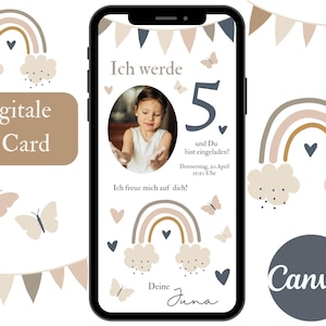 Invitación digital arcoíris, tarjeta de invitación para cumpleaños infantil con foto arcoíris, invitación personalizada para cumpleaños de niña, plantilla Canva
