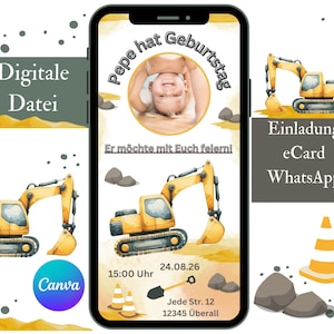 Invitación digital para cumpleaños infantil con excavadora y foto, invitación de cumpleaños para obra, tarjeta electrónica personalizable WhatsApp, tarjeta de invitación