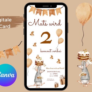 Invitación de cumpleaños infantil, tarjeta de invitación de cumpleaños digital, plantilla de cumpleaños infantil vía WhatsApp, edición de tarjetas electrónicas en Canva,