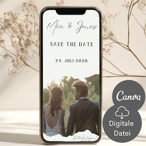 Reserva la fecha de la boda | Invitación digital celebración de boda | Tarjeta electrónica con foto para anunciar tu boda por WhatsApp | Plantilla de invitación de boda Canva