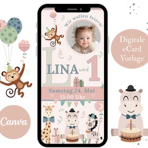 Invitation numérique pour anniversaire d'enfant, carte électronique personnalisable WhatsApp, photo d'invitation pour fille, invitation anniversaire 1 an, modèle Canva
