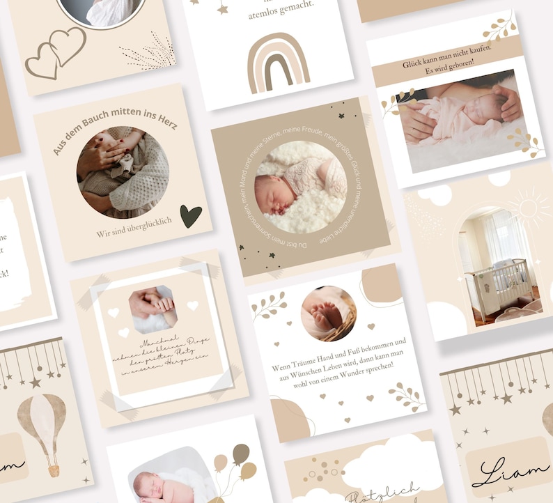 Puede incluir: Una colecci&oacute;n de tarjetas cuadradas con fondos beige suaves y varios dise&ntilde;os. Algunas tarjetas presentan im&aacute;genes relacionadas con beb&eacute;s, como un beb&eacute; durmiendo, pies peque&ntilde;os y una cuna. El texto en alem&aacute;n est&aacute; incluido en varias tarjetas, con frases como "Aus dem Bauch mitten ins Herz."