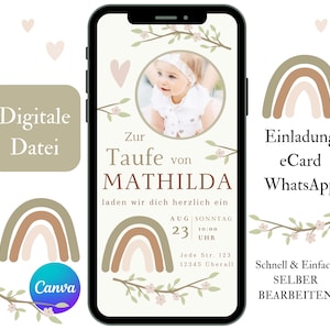 Digitale Einladung Taufe, Taufeinladung mit Foto, Edtierbare Canva Vorlage, Regenbogen Einladungskarte WhatsApp, Tauffest Mädchen