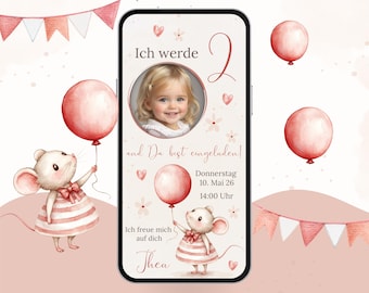Invitation à une fête d'anniversaire pour une fille de 2 ans | Carte d'invitation numérique avec photo | Carte d'anniversaire électronique rose pour enfant