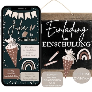 Digitale Einladungskarte zur Einschulung, e-Card Einladung Schultüte, Einladungskarte zum Schulanfang, personalsierbare Vorlage Canva Schule