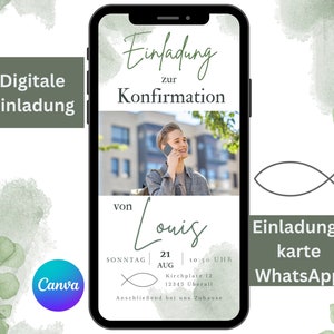 Digitale uitnodigingsbevestiging jongen meisje, uitnodigingskaart WhatsApp personaliseerbaar, foto-uitnodigingssjabloon Canva, eCard communie