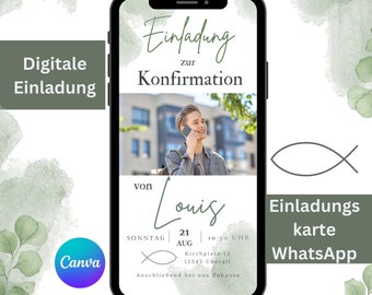 Digitale Einladung Konfirmation Junge Mädchen, Einladungskarte WhatsApp personalisierbar, Foto Einladungsvorlage Canva, eCard Kommunion