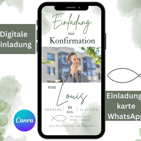 Digitale Einladung Konfirmation Junge Mädchen, Einladungskarte WhatsApp personalisierbar, Foto Einladungsvorlage Canva, eCard Kommunion