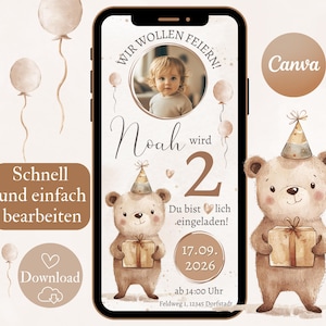 Convite de aniversário infantil, cartão de convite digital aquarela urso, eCard 2º aniversário menino, modelo de convite de aniversário WhatsApp Canva