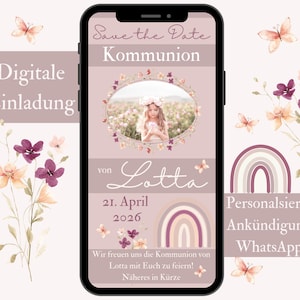Save the Date carte communion avec fleurs sauvages, eCard annonce fille, invitation rose confirmation WhatsApp, modèle photo numérique Canva