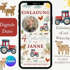 Einladung Kindergeburtstag Traktor Bauernhof, Digitale Einladungskarte Kinder, e-Card Tiere Canva Vorlage, Geburtstagseinladung Junge Foto