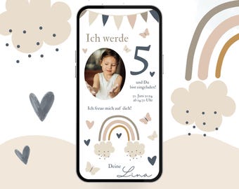 Birthday party invitation with photo for girls | Personalized eCard with rainbow for all ages