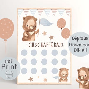 Tabla de recompensas para osito de peluche, plan de recompensas para niños pequeños, plan de motivación, sistema de recompensas PDF para imprimir en formato DIN A4, Montessori, "Puedo hacerlo".