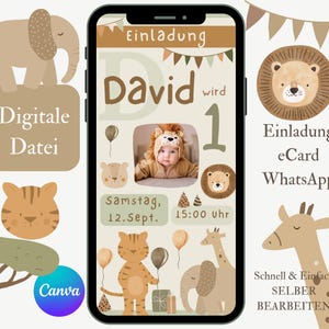 Einladung zum Kindergeburtstag, Digitale Einladungskarte mit Löwe zum Geburtstag, eCard Vorlage WhatsApp, Geburtstagseinladung Junge Canva