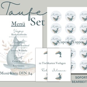 Puede incluir: Un conjunto de decoraciones de fiesta imprimibles con tem&aacute;tica de ballena azul para un bautizo. El conjunto incluye una tarjeta de men&uacute;, adornos para cupcakes y tarjetas de lugar. El texto en la tarjeta de men&uacute; dice "Taufe Menu Set".