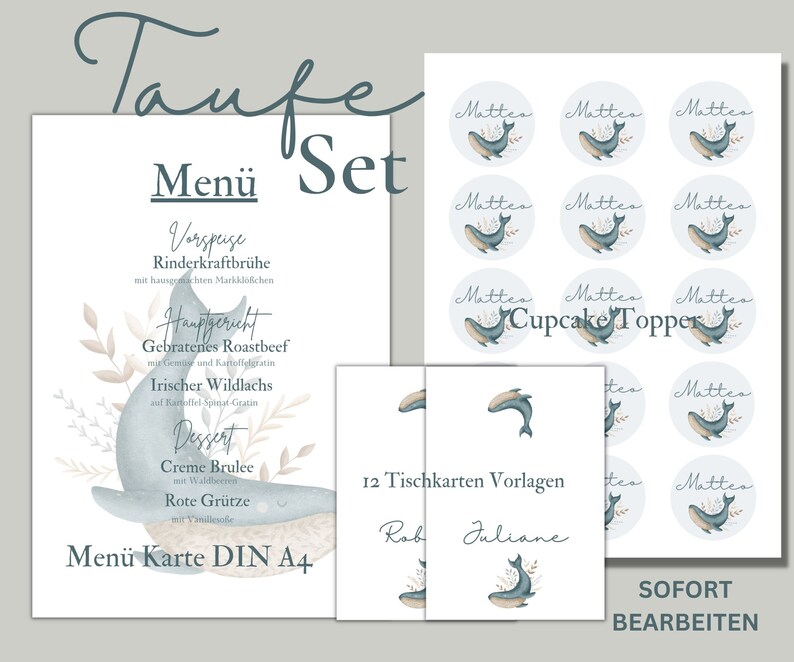 Puede incluir: Un conjunto de decoraciones de fiesta imprimibles con tem&aacute;tica de ballena azul para un bautizo. El conjunto incluye una tarjeta de men&uacute;, adornos para cupcakes y tarjetas de lugar. El texto en la tarjeta de men&uacute; dice "Taufe Menu Set".