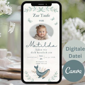 Faire-part de baptême | Faire-part de baptême numérique pour fille avec photo | Modèle de carte virtuelle personnalisée Canva | Carte d'invitation de baptême | Carte de baptême baleine