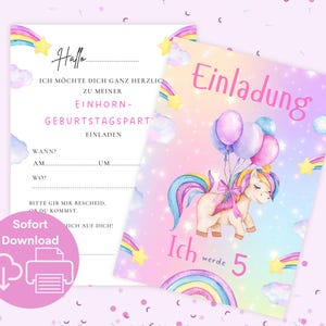 Invitation Licorne 5 ans, carte d'invitation à imprimer anniversaire enfant fille 5 ans, télécharger invitation anniversaire licorne rose