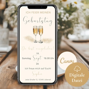 Convite de aniversário para mulher, cartão de convite digital WhatsApp festa de aniversário, modelo de eCard espumante champanhe, convite de aniversário para mulheres 50