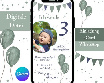 Invitation to a children's birthday party with photo | Digital invitation card for a boy with a balloon