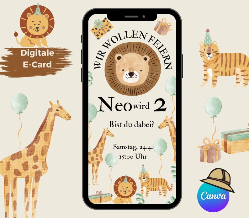Eine digitale Geburtstagseinladung mit Dschungel-Motiv. Die Einladung zeigt einen Löwen, eine Giraffe, einen Tiger und Geschenke.