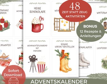 May include: A collection of illustrated Advent calendar cards with festive themes. The cards feature images of hot chocolate, popcorn, ice skates, and other holiday-related items. Text includes "48 Zeit Statt Zeug Aktivitäten" and "Bonus 12 Rezepte & Anleitungen".