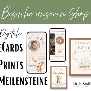 K&ouml;nnte beinhalten: Ein Bild mit digitalen E-Cards, Drucken und Meilensteinprodukten. Das Bild zeigt eine Vielzahl von Designs, darunter Geburtstags- und Babyank&uuml;ndigungen, mit Text auf Deutsch. Die Designs umfassen Illustrationen eines Babys, einer Maus mit Ballon und eines Segelboots.
