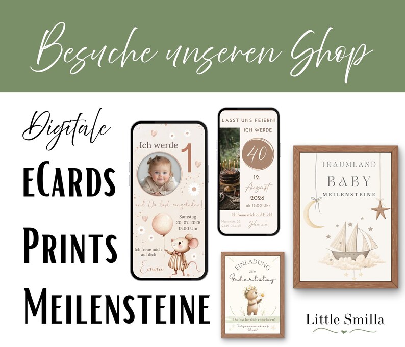 K&ouml;nnte beinhalten: Ein Bild mit digitalen E-Cards, Drucken und Meilensteinprodukten. Das Bild zeigt eine Vielzahl von Designs, darunter Geburtstags- und Babyank&uuml;ndigungen, mit Text auf Deutsch. Die Designs umfassen Illustrationen eines Babys, einer Maus mit Ballon und eines Segelboots.