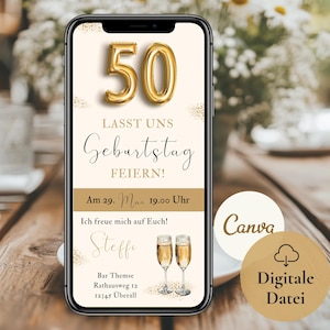 Invitation 50th birthday woman, digital invitation card WhatsApp birthday party, eCard template golden 50 champagne, birthday invitation