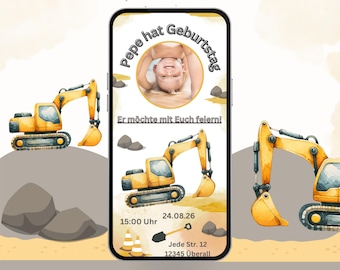 Birthday party invitation for a boy with a digger theme and photo | Personalized construction site invitation card