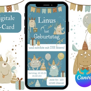 Digitale Einladungskarte zum Kindergeburtstag, e-Card Einladung Monster, Geburtstagseinladung WhatsApp, Canva Vorlage Einladung Kinder