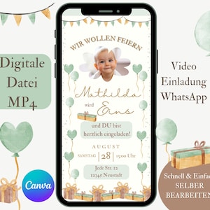 Digitale Einladung mit Luftballons zum 1. Kindergeburtstag, Video Einladungskarte Geburtstag, MP4 Vorlage WhatsApp, Geburtstagseinladung