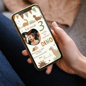 May include: A digital invitation for a dinosaur-themed birthday party. The invitation features a photo of a young boy, a green number 3, and the text "Ich werde 3 und Du bist eingeladen! DINO". The invitation also includes the date and time of the party, "Donnerstag, 20.April 15:50 Uhr", and the text "Ich freue mich auf dich! Dein Emil".