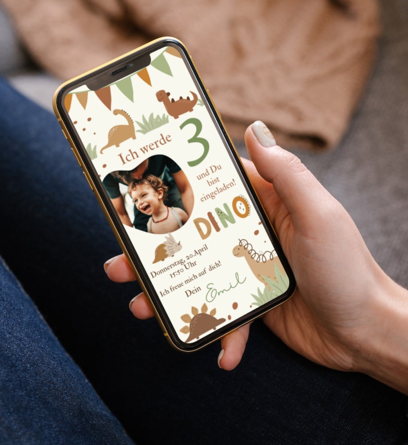 May include: A digital invitation for a dinosaur-themed birthday party. The invitation features a photo of a young boy, a green number 3, and the text "Ich werde 3 und Du bist eingeladen! DINO". The invitation also includes the date and time of the party, "Donnerstag, 20.April 15:50 Uhr", and the text "Ich freue mich auf dich! Dein Emil".