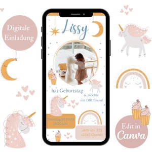 Personalisiertere Einladung zum Kindergeburtstag Einhorn, Digitale Einladungskarte mit Foto, e-Card Einladung für Mädchen, Vorlage Canva