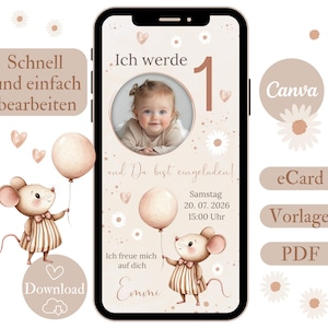 Digitale Einladung Kindergeburtstag, personalisierbare Einladungskarte mit Foto Mädchen, Geburtstagseinladung 1.Geburtstag, Vorlage Canva