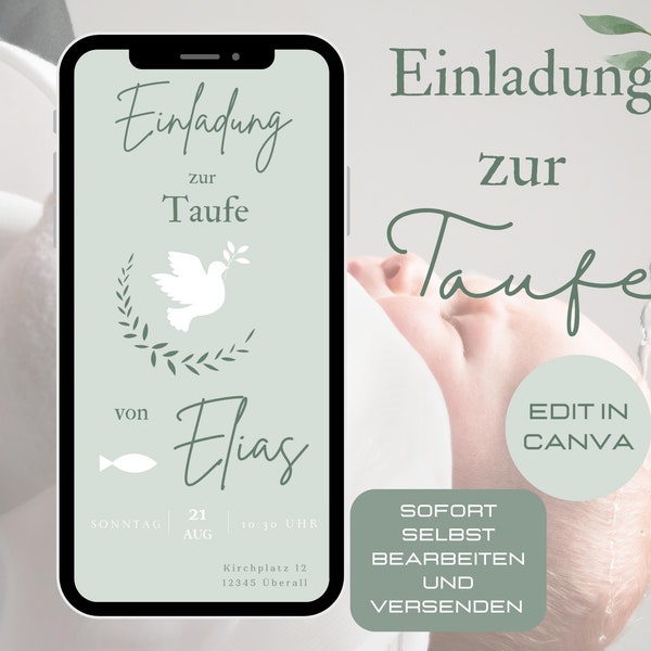 Einladung Taufe digital, Taufeinladung WhatsApp, Edtierbare Canva Vorlage, Einladungskarte Tauffest Mädchen Junge, E-Card Taufe