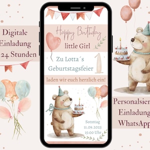 Invitación 1er cumpleaños, tarjeta de invitación digital primera cumpleañera infantil WhatsApp, invitación en tarjeta electrónica rosa, invitación de cumpleaños