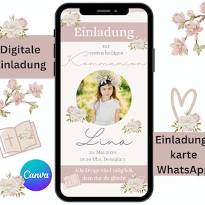 Einladung Kommunion Mädchen Foto, personalsierbare Einladungskarte WhatsApp, digitale Einladungsvorlage Canva, Konfirmation Erstkommunion