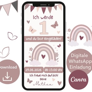 Invitation 1st birthday rainbow, digital invitation children&#39;s birthday WhatsApp, e-card invitation pink, birthday invitation girl 1 year