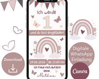 Invitación de primer cumpleaños con temática de arcoíris, invitación digital de cumpleaños infantil vía WhatsApp, invitación en tarjeta electrónica rosa, invitación de primer cumpleaños para una niña.