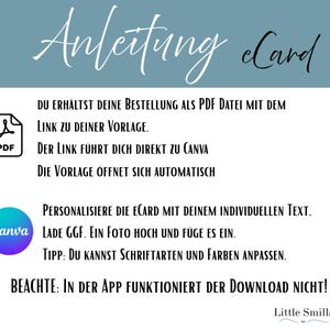 May include: A digital eCard instruction sheet with the title "Anleitung eCard" in a script font. The sheet includes instructions on how to download and personalize the eCard using Canva, with a PDF icon and Canva logo.