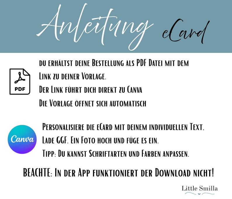 May include: A digital eCard instruction sheet with the title "Anleitung eCard" in a script font. The sheet includes instructions on how to download and personalize the eCard using Canva, with a PDF icon and Canva logo.