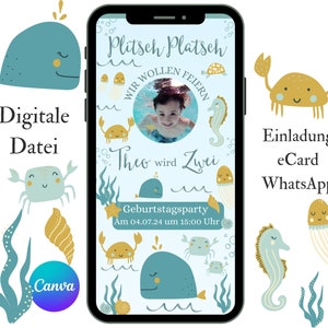 Digitale Einladung Kindergeburtstag Wasser, E-Card Unterwasserwelt, Einladungskarte Geburtstag Schwimmbad, Vorlage Wal Meerestiere Canva,