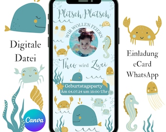 Digital children's birthday invitation water-themed, underwater world e-card, swimming pool birthday invitation card, whale and sea creature template (Canva).