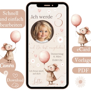 Digitale Einladung zum 3. Geburtstag für Mädchen mit Foto | eCard Kindergeburtstag Rosa | Einladungskarte WhatsApp Vorlage Canva 3 Jahre