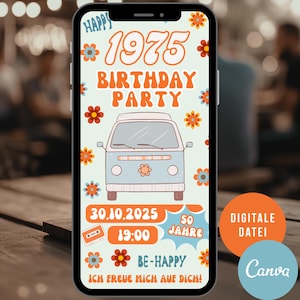 70er Jahre Retro Geburtstag Mottoparty Einladung | Groovy Flower Power eCard | digitale 70er Einladungskarte Bulli | WhatsApp Handy Vorlage