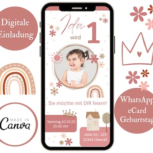 Digital invitation children's birthday, personalizable e-card WhatsApp, invitation photo girl, birthday invitation mobile, template Canva